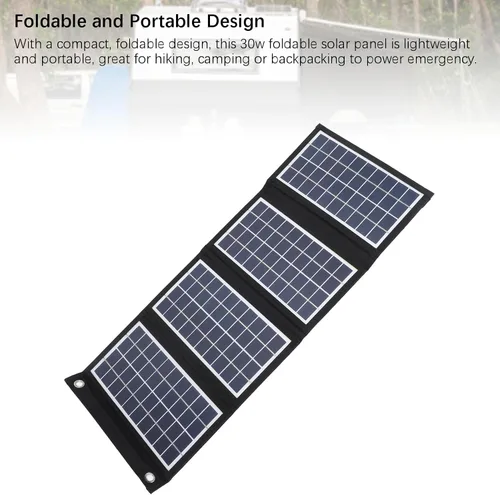 Vista 5 de Panel solar portátil, cargador de panel solar plegable de 30 W 5 V con salidas USB duales, panel solar a prueba de agua de 4 pliegues con 2 ganchos