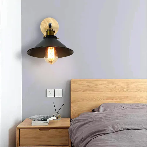 Vista 2 de Juego de 2 apliques de pared Vintage Negros, con Base de Madera de 1 luz, interruptor de cadena y diseño cónico. Ideal para mesilla de Noche, sala