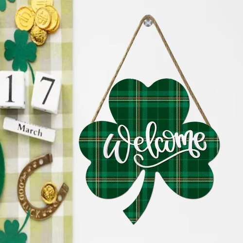 Vista 7 de Letrero de bienvenida de trébol de la suerte para puerta delantera, decoración de San Patricio, trébol irlandés, decoración del día de San Patricio