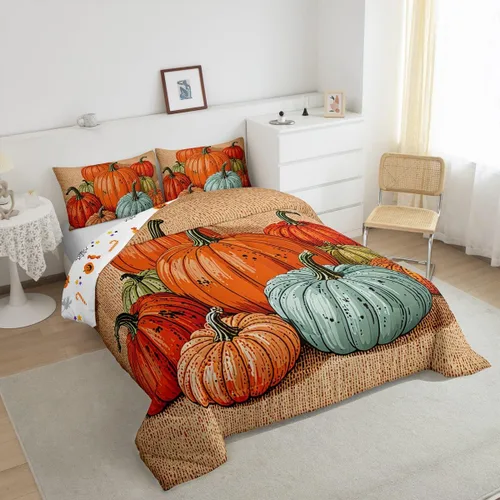 Vista 4 de Juego de edredón de calabaza para niños, edredón acolchado de calabazas de dibujos animados, tamaño individual, juego de ropa de cama a cuadros