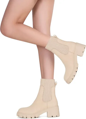 Vista 6 de Rihero Botas Chelsea para mujer con suela de lengüeta y tacón grueso elástico