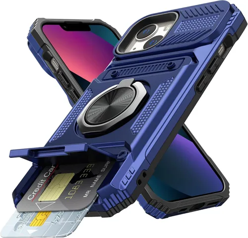 Vista 10 de Vofolen - Funda tipo cartera para iPhone 13 con tarjetero [tienda de 2 tarjetas], color negro 360°Magnetic Ring Stand Dual Layer Heavy Duty