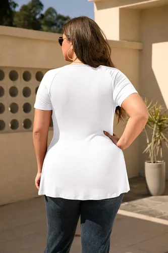 Vista 4 de TIANZHU Blusa de manga corta para mujer, talla grande, cuello en V, corte bajo, linda blusa