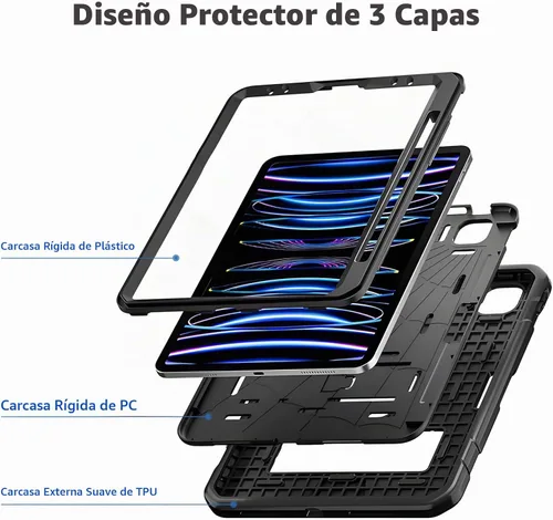 Vista 3 de TSQQST Funda para iPad Pro de 11 pulgadas de 4ª generación 2022 con soporte para lápices, protección de cuerpo completo a prueba de niños, funda