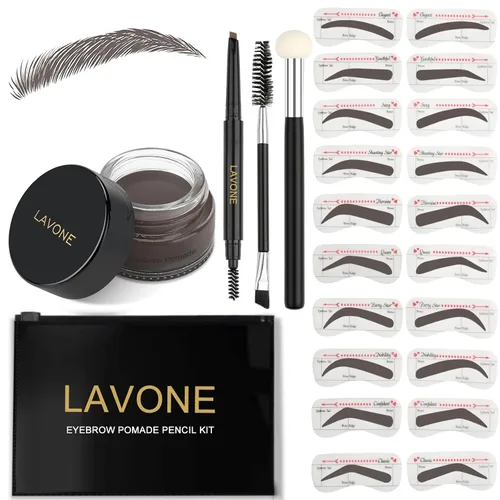 Vista 21 de LAVONE Kit de plantillas para cejas, trío de sellos para cejas con lápiz impermeable, pomada, 20 plantillas, cepillo de doble punta y aplicador