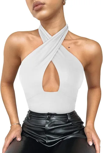 Vista 4 de REORIA Body sexy con cuello halter cruzado para mujer, sin mangas, tanga
