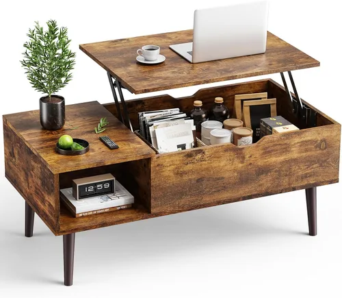Vista 9 de OLIXIS Mesa de Centro de Café de Madera con Tapa Elevable con Compartimento Oculto y Estante de Almacenamiento Grande, Mesa de Comedor Central