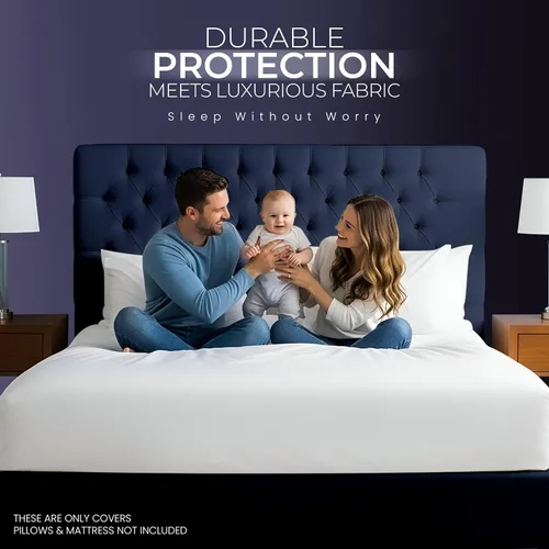 Vista 5 de Protector de colchón impermeable y fundas de almohada, tamaño King, incluye 2 protectores de almohada con cremallera y 1 juego de funda de colchón