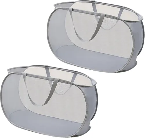 Vista 4 de 2 Piezas Cesta de Ropa Sucia Desplegable de Malla con Asas Duraderas Cestas de Lavandería Plegables Cesta de Ropa Plegable de Pástico para Cuarto