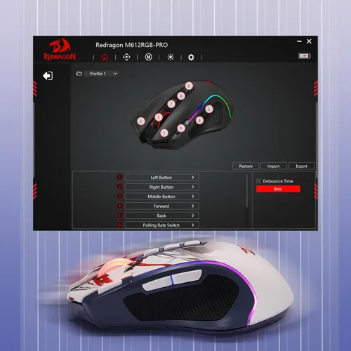 Vista 8 de Redragon M612AK PRO RGB Anime Mouse para Juegos, ratón óptico con cable/inalámbrico de 8000 DPI con 9 botones programables y 7 modos