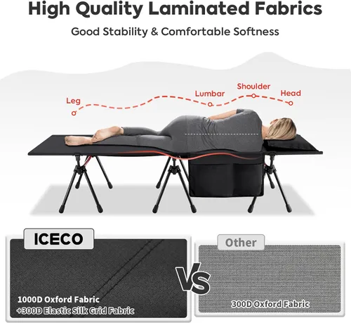 Vista 4 de ICECO Catre de campamento XL para adultos, cama portátil, cama plegable ultra estable, soporta 400 libras, ideal para tienda de campaña, al aire
