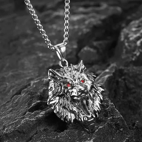 Vista 4 de HZMAN Norse Viking Wolf Necklace for Men Boys Stainless Steel Gothic Punk Fenrir Wolf Head Animal Pendant Jewelry Gift