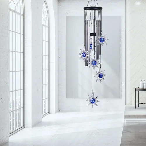 Vista 7 de Campanillas de viento azules con ojo maléfico para decoración exterior, atrapavientos móvil con sol y ojo maléfico, campanas de viento con sol y ojo
