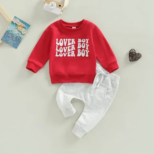 Vista 71 de Conjunto de 2 piezas de ropa para bebé y niño, sudadera con cuello redondo con letras y pantalones casuales de otoño e invierno B Negro-marrón