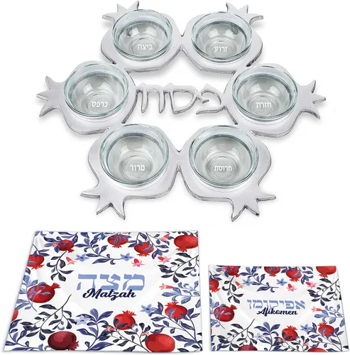 Vista 10 de Impresionante juego de seder de Pascua de granada – Plato artístico de seder con forma de granada y 6 platos de vidrio, cubierta de matzo de seda