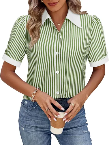 Vista 18 de Gleeivy Camisas de botones para mujer de manga corta abombada, camisas de vestir abotonadas con cuello ajustado, blusa superior de trabajo