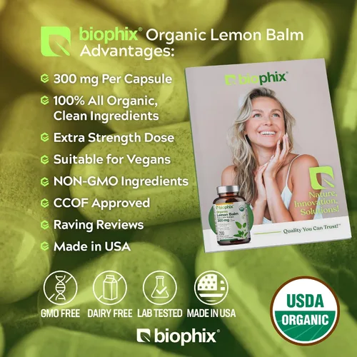 Vista 5 de biophix Cápsulas de bálsamo de limón orgánico de 300 mg USDA orgánico, extracto 20:1, apoya la relajación, calma el estado de ánimo, la memoria
