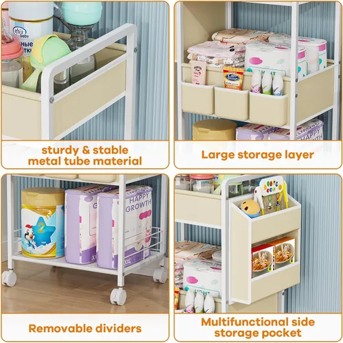 Vista 4 de JBBTOOL Organizador de pañales 2 en 1 y carrito de pañales rodante de 3 niveles, organizador de pañales con divisores y bolsillos, carrito móvil
