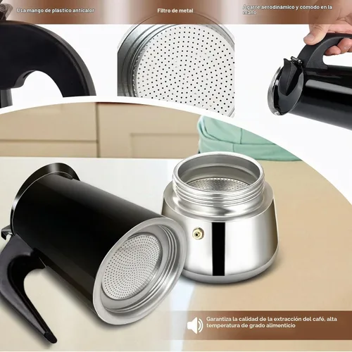 Vista 7 de Estufa de 2 tazas de acero inoxidable, cafetera italiana, capacidad para café moca, cocina clásica de inducción para el hogar y campamento, 3.3