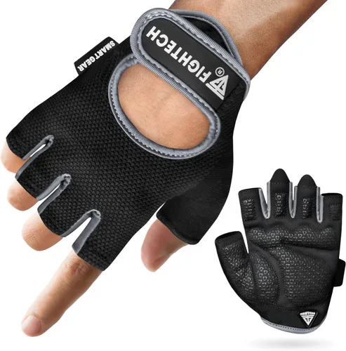 Vista 9 de FIGHTECH Guantes de entrenamiento para hombres y mujeres, guantes sin dedos para levantamiento de pesas con palmas acolchadas, guantes de gimnasio