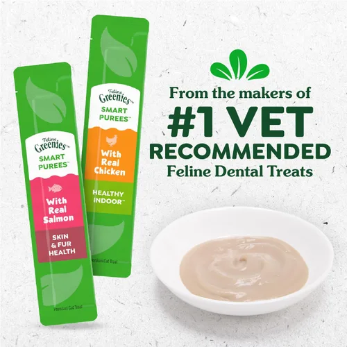 Vista 2 de Greenies Feline Smart Purees Skin & Fur Health - Golosinas lamibles para gatos con salmón real, tubos de 0.49 onzas, 20