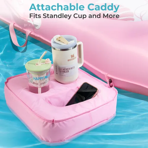 Vista 5 de Fabric Covered Inflatable Pool Lounger Float Adult, 70"x39" Extra Large Pool Float w/ UPF50+ Sunshade Canopy & Cupholder Caddy, Water Floaties Raft