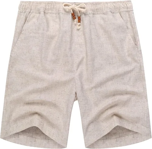 Vista 2 de COOFANDY - Pantalones cortos de lino para hombre, informales, de playa, veraniegos, con cordón y cintura elástica