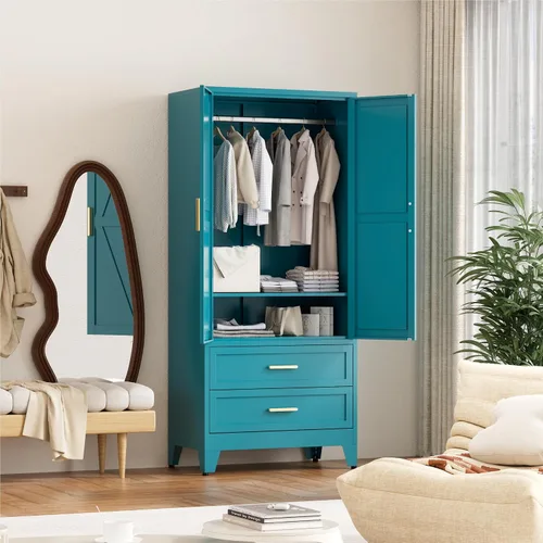 Vista 2 de Washsemba - Armario de guardarropas de metal de casa rural de 71'' con barra para colgar, 2 armarios de puerta de granero con estantes ajustables, 2