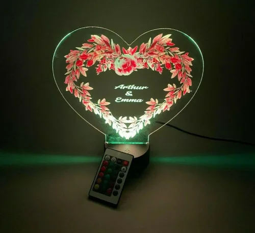 Vista 8 de MIRROR MANIA Heart with Flowers UV Printed Couples Night Light Up Table Lamp LED Personalized Free Engraved Names Dates Words Made to Order Custom