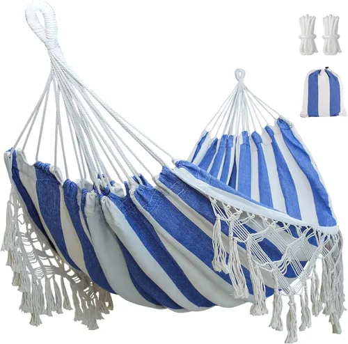 Vista 10 de Hamaca doble bohemia de macramé con elegantes borlas para patio, jardín, decoración de boda en la playa, exterior e interior, hasta 450 libras