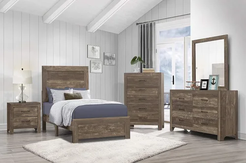 Vista 6 de NewCosmos Mesita de noche de cajones con acabado marrón rústico de aspecto simple, muebles de dormitorio de metal negro