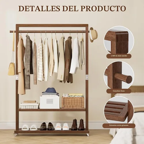Vista 5 de Perchero de madera maciza con ruedas, 2 estantes