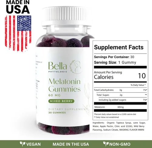 Vista 2 de Bella - Gomitas de melatonina de alta dosis 60 mg por porción Sabor natural de fresa, saúco y arándano Potente fórmula de alta dosis extra