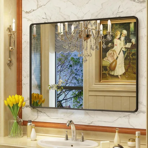 Vista 52 de OKPAL - Espejo de tocador de baño de 20x24 pulgadas con marco de metal cepillado en bronce, espejo de baño con marco de metal cepillado en bronce