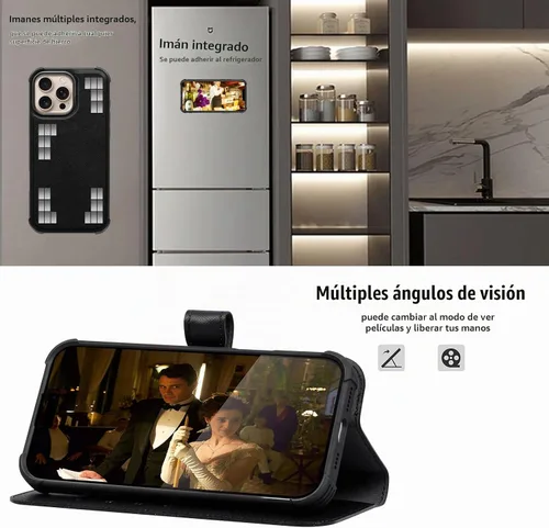 Vista 3 de Funda de cuero compatible con iPhone 16 Pro Max Cartera 6.9", cuero genuino 2 en 1, magnética, desmontable, a prueba de golpes, funda tipo folio