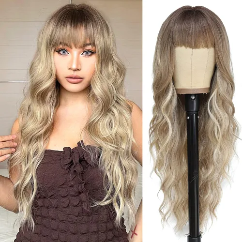 Vista 36 de NAYOO Peluca larga ondulada rubia ombré para mujer, de 26 pulgadas, parte media, rizada, ondulada, de aspecto natural, fibra sintética resistente al