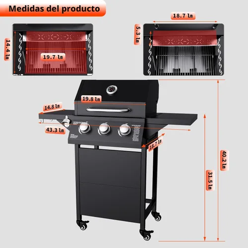 Vista 2 de Parrilla de gas propano de 3 quemadores, 30000 BTU