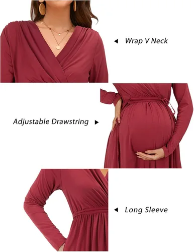 Vista 6 de OUGES Vestido de maternidad para mujer 2023, manga larga, cuello en V, vestidos de embarazo con bolsillos