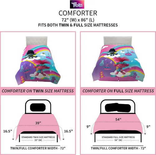 Vista 4 de Franco edredón reversible y muy suave para niños, ropa de cama de tamaño individual/matrimonial, Trolls World Tour