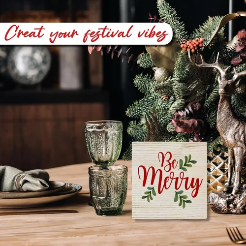 Vista 5 de Decoración de mesa de madera de Navidad de 5 pulgadas – Be Merry – Cartel de bloque de madera rústica regalo para Navidad, decoración de mostrador