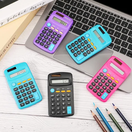 Vista 6 de Paquete de 12 mini calculadoras básicas de tamaño de bolsillo para estudiantes, pantalla de 8 dígitos, batería solar de doble potencia, escritorio