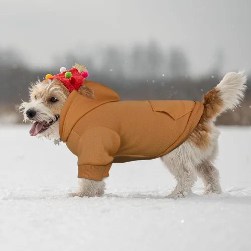 Vista 6 de Sudadera con capucha para perros pequeños, ropa de forro polar cepillado suave y liso, sudadera con capucha para mascotas con bolsillo (café-XS)