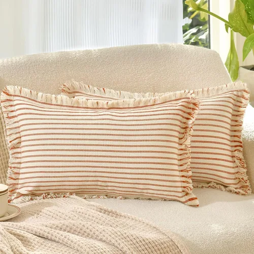 Vista 31 de Fundas de almohada ZWJD de 16 x 16 pulgadas, juego de 2 fundas de almohada a rayas con borlas, fundas de almohada de algodón chic, fundas de cojín