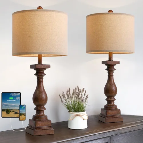 Vista 20 de BOBOMOMO Juego de 2 lámparas de mesa estilo granja de 27 pulgadas con USB A+C para dormitorio, sala de estar, lámparas vintage rústicas