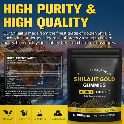 Vista 6 de Shilajit - Gomitas para hombres y mujeres, puras y naturales de oro del Himalaya Shilajit que aumentan la energía, apoyo inmunológico y ayuda a