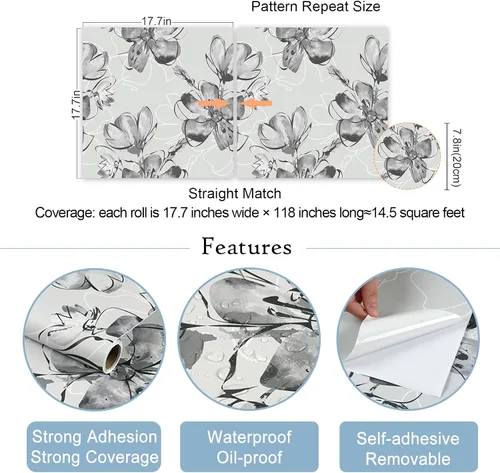 Vista 7 de VaryStyle Papel tapiz floral de tinta de 17.7 x 118 pulgadas, papel tapiz floral gris y blanco, papel de contacto vintage neutro para pared, papel
