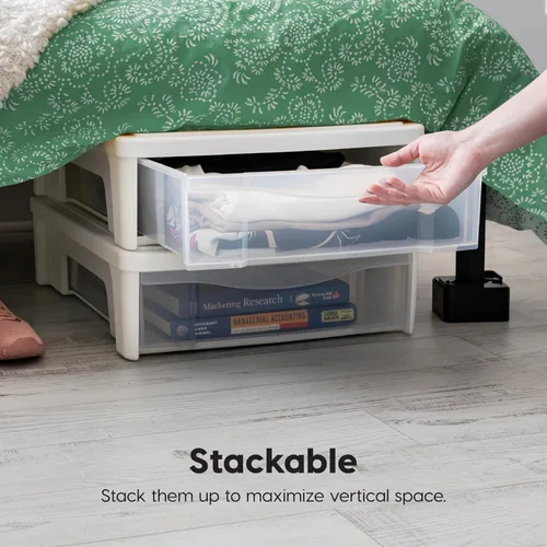 Vista 8 de IRIS USA 22 Qt Almacenamiento bajo la cama, organizador apilable de plástico con cajón deslizante, paquete de 2 unidades, multiusos para ropa