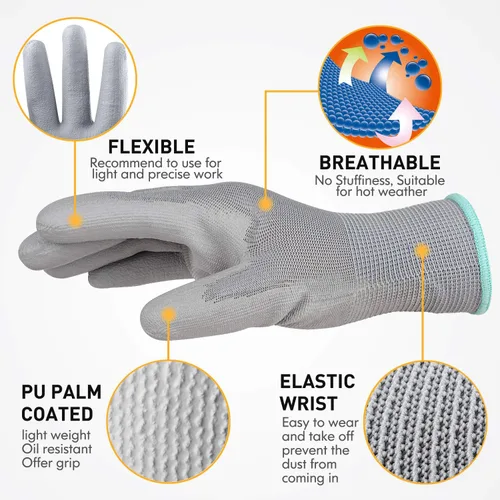 Vista 2 de Guantes de trabajo de seguridad ultrafinos con revestimiento de poliuretano (poliuretano), 12 pares, ideales para trabajos ligeros (gris, pequeño)
