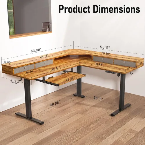 Vista 3 de 63 x 55 inch L-Shaped Electric Standing Desk with Drawers, Adjustable Height Corner Desk, Large Sit Stand Workstation with Storage, Home Office