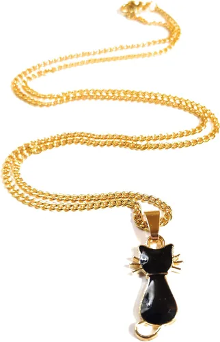 Vista 4 de Lindo collar con colgante de gato negro esmaltado, cadena chapada en oro, 18 pulgadas, gatito felino para amantes de los gatos, caja de regalo